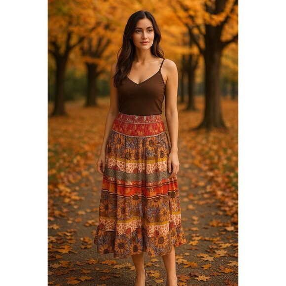 VTG She’s Cool XL Boho Tiered Maxi Skirt Sunflower Print Smocked Waist Pull-On - Picture 2 of 8